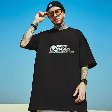 oversize欧美潮牌胖子国潮简约宽松熊猫短袖T恤潮流半袖大码男装商品大图