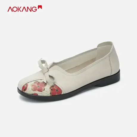 【门店发货】奥康女鞋秋秋新款圆头浅口平底真皮中老年妈妈鞋商品大图