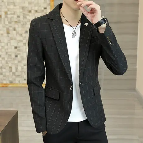 男士格子西装青年2025秋季新款韩版修身小西服潮流休闲上衣服外套商品大图