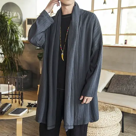 秋季中国风男装汉服披风长衫复古风衣棉麻中式道袍唐装亚麻茶服图片