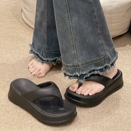 人字拖女夏季时尚外穿踩屎感厚底增高松糕防滑海边沙滩夹脚凉拖鞋商品大图