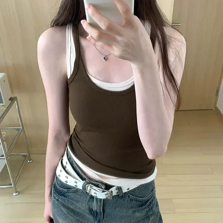 百搭显瘦外穿辣妹吊带小背心女2024夏季新款修身U领无袖内搭上衣商品大图