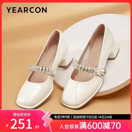 意尔康女鞋2024春季皮鞋一脚蹬复古方头粗跟浅口法式玛丽珍单鞋图片
