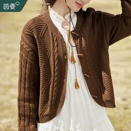 茵曼法式复古针织开衫毛衣女2023冬季新款圆领显瘦针织衫上衣外套图片