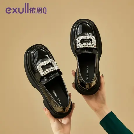 exull/依思Q2023年冬季中跟新款方扣水钻复古风女士浅口时尚单鞋商品大图