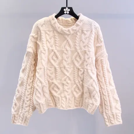 复古麻花套头毛衣女秋冬2023新款韩版宽松慵懒风加厚短款针织上衣图片
