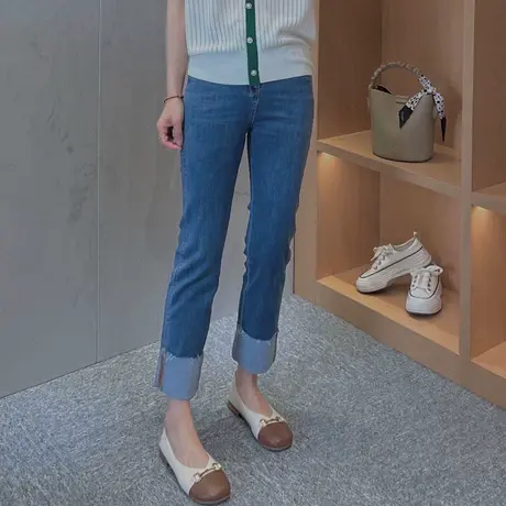 高腰直筒牛仔裤女宽松显瘦2023年春夏季新款翻边小众设计感九分裤商品大图