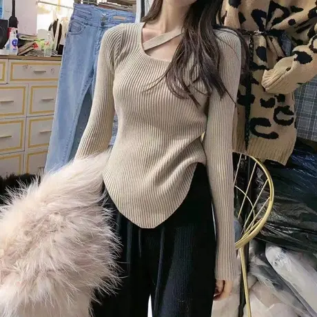 打底衫女ins潮新款冬季女装韩版时尚镂空毛衣不规则小心机针织衫图片