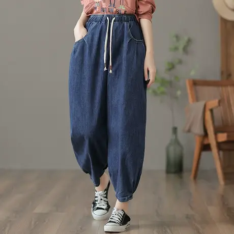 dza 高腰显瘦女士牛仔裤2022新款秋季抽绳宽松阔腿裤休闲直筒女裤图片