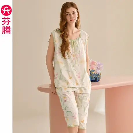 芬腾夏季女士睡衣纯棉薄款背心无袖七分裤女款大码家居服夏天套装商品大图