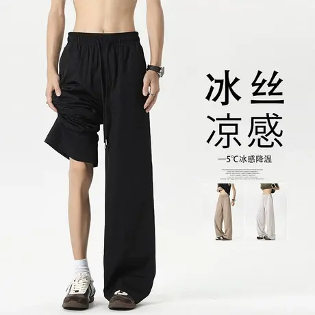 裤子男夏季新款美式休闲阔腿裤港风大码透气冰丝裤ins潮牌直筒裤商品大图