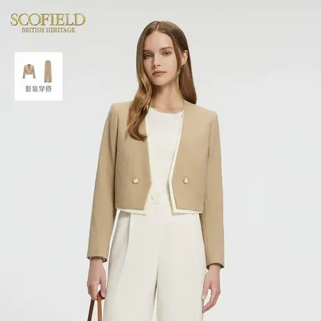 Scofield女装巴恩风假两件短外套撞色V字无领外套2025夏季新品图片