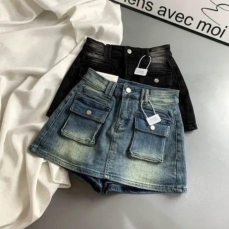 纯欲风高腰口袋工装牛仔短裙女春装新款辣妹a字显瘦气质半身裙潮图片