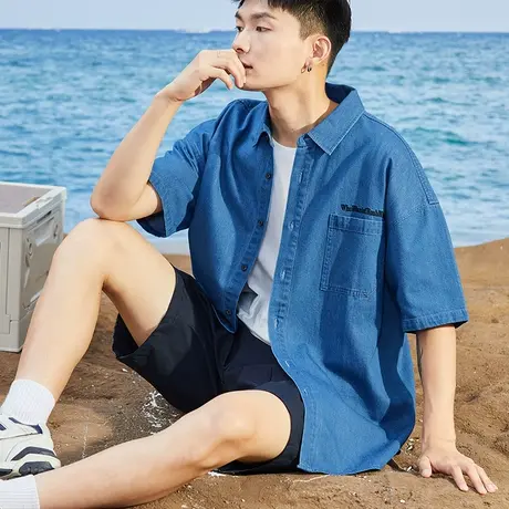 唐狮夏季新款牛仔短袖衬衫男翻领口袋绣花复古休闲衬衣外套图片