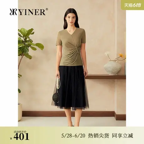 YINER音儿专选2025春季新款法式优雅衬衫褶艺钉珠不对称褶轻上衣图片