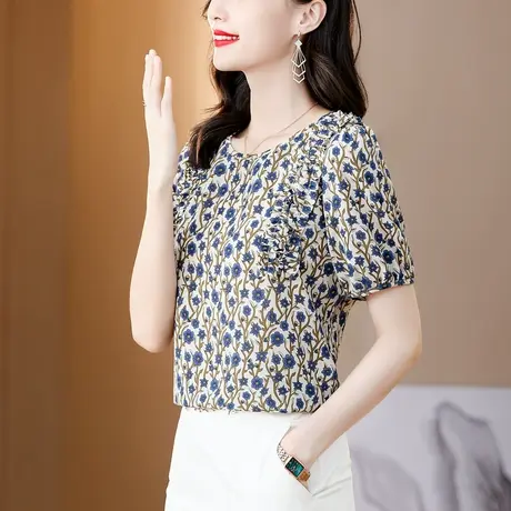 欧洲站2023新款夏季时尚短袖雪纺衫女碎花减龄遮肚子显瘦女上衣商品大图