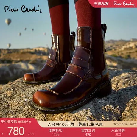 Pierre Cardin/皮尔卡丹女鞋擦色光感骑士靴真皮皮靴保暖方头图片