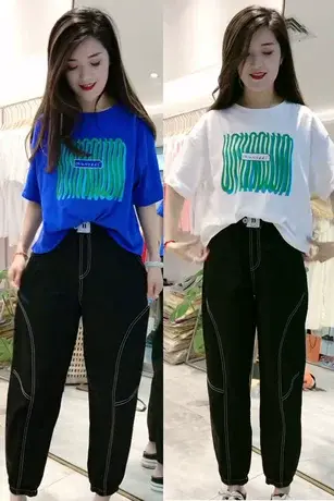 短款宽松白色T恤+休闲裤两件套短袖上衣九分裤套装休闲小个子女装商品大图