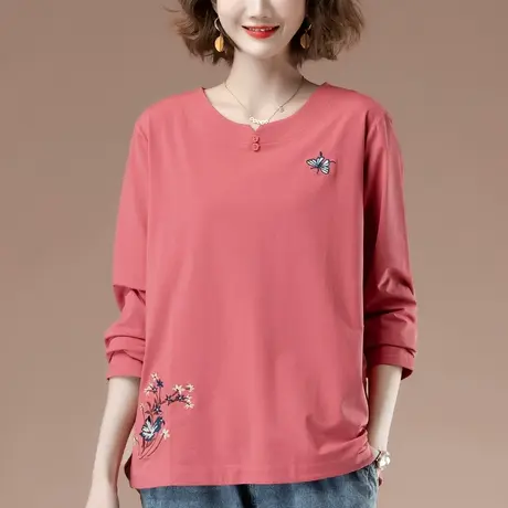 长袖t恤女春秋季加肥加大码女装宽松中年妈妈纯棉刺绣显瘦打底衫商品大图