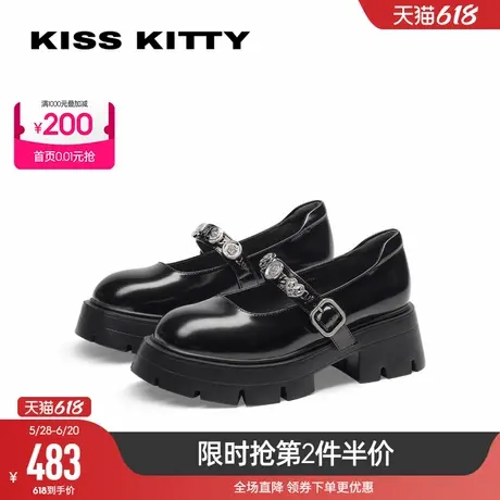 KISSKITTY2025春夏新款圆头粗跟浅口单鞋厚底玛丽珍鞋英伦乐福鞋图片