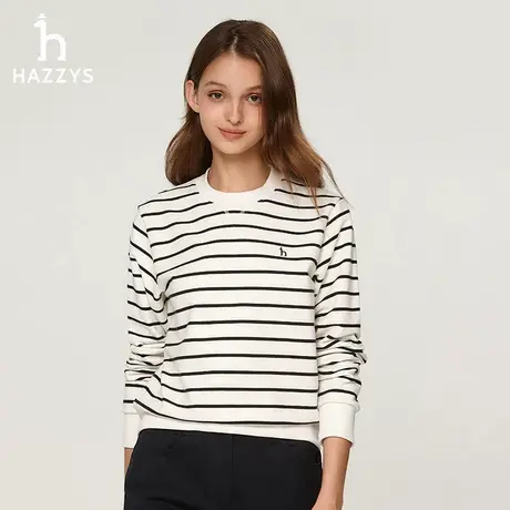 Hazzys哈吉斯圆领条纹卫衣女士早秋套头休闲通勤长袖T恤宽松上衣商品大图