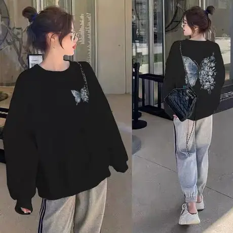 设计感蝴蝶2025新款卫衣外套女秋季时尚潮流圆领长袖重磅黑色上衣图片