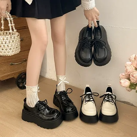 厚底增高小皮鞋女2025新款秋季英伦风系带乐福鞋日系百搭通勤单鞋商品大图