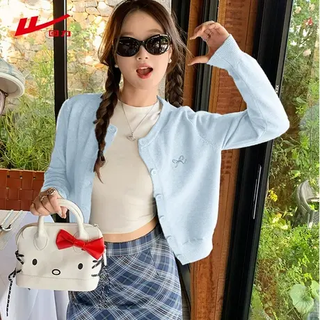 ZH回力长袖针织开衫甜美小蝴蝶结女秋温柔外搭叠穿毛衣外套上衣商品大图