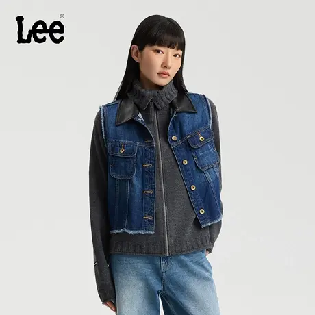 Lee商场同款25秋冬新品舒适版PU翻领毛边设计深蓝色女牛仔背心潮商品大图