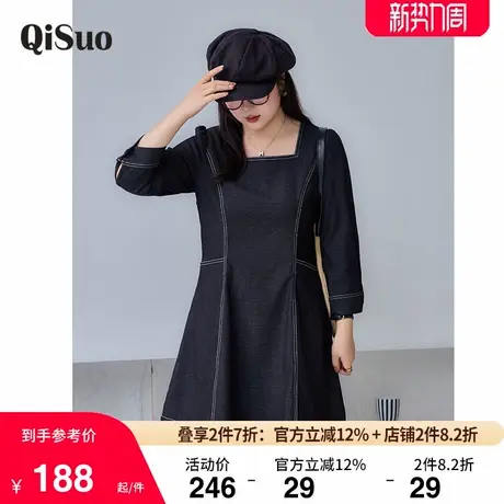 2025秋装新款气质方领收腰A字遮肉显瘦大码胖MM长袖仿牛仔连衣裙图片