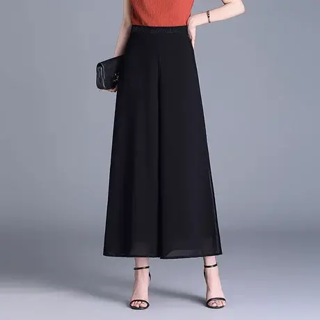 黑色裙裤高腰阔腿裤女2025春夏新款垂感休闲裤宽松显瘦开叉九分裤图片