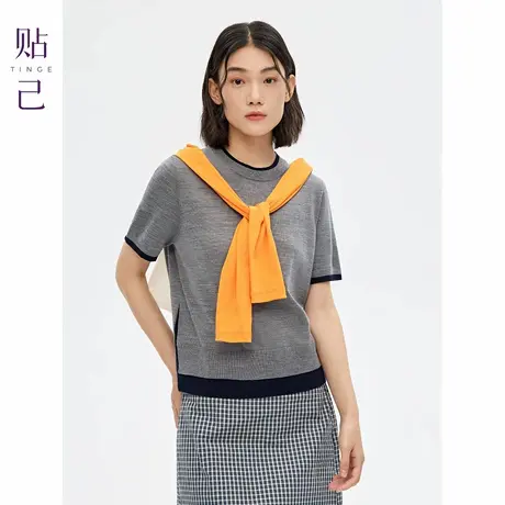 TINGE贴己可机洗100%纯羊毛假两件撞色T恤女25新款Miu系短袖上衣商品大图