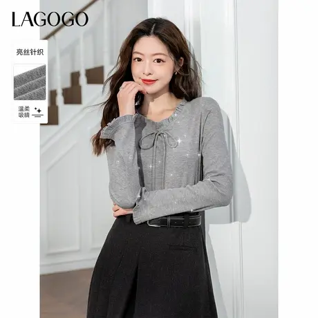 LAGOGO蝴蝶结木耳边miu系上衣女拉谷谷2025年秋季新款内搭长袖T恤图片