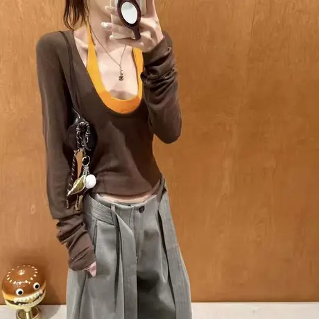 辣妹挂脖背心长袖T恤女两件套春秋装韩版修身显瘦纯欲性感上衣潮商品大图