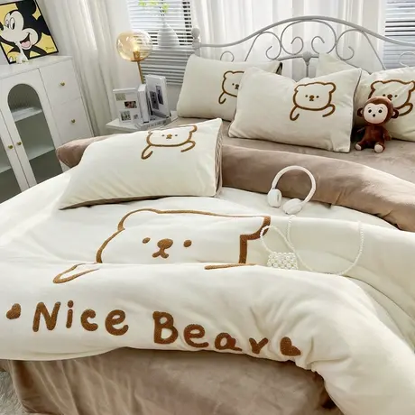 恒源祥2024新款毛巾绣高克重牛奶绒四件套秋冬床单款床笠款件套商品大图