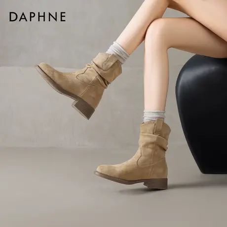 达芙妮棕色短靴女冬季2025新款中筒靴子加绒马丁靴切尔西瘦瘦靴图片