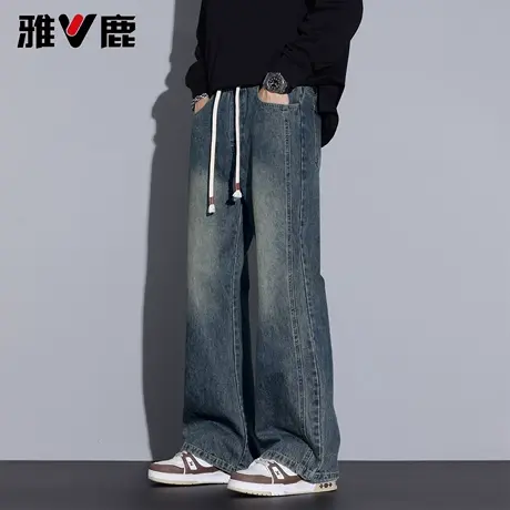 雅鹿2026春秋季新款经典复古蓝微喇叭牛仔裤男宽松休闲直筒长裤子图片