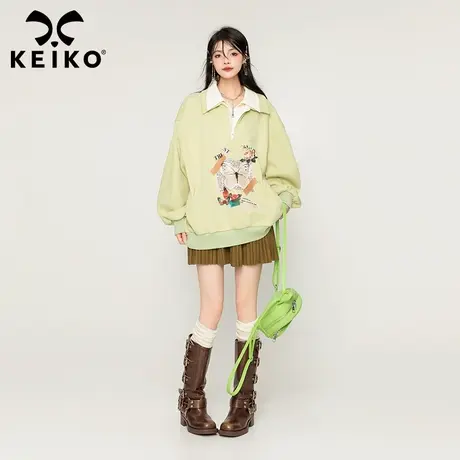 KEIKO 复古印花polo领卫衣女加绒加厚2023秋冬学院风半拉链上衣潮商品大图