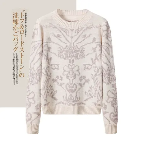 享永子【浣熊绒新秋限定】圆领提花针织套头毛衣外套女士文艺复古图片