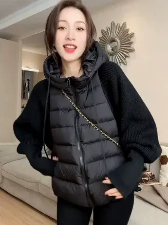 拼接针织假两件羽绒服女短款2023秋冬新款时尚显瘦连帽白鸭绒外套图片