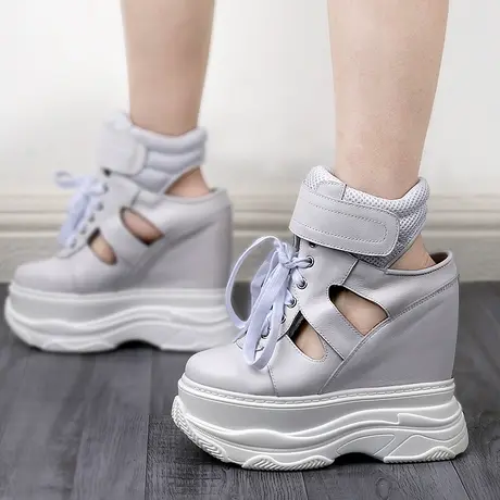 小个子内增高凉鞋10CM夏季后跟空镂空洞洞款真皮厚底松糕坡跟单鞋商品大图