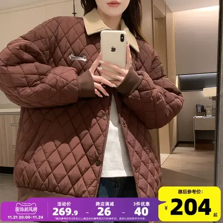 唐狮棉服女轻薄款2023年新款冬装棉衣小个子菱形格衬衫式夹棉外套图片