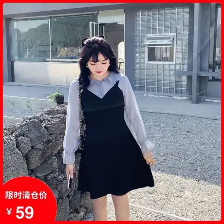 【清仓】显瘦连衣裙2024年秋新款娃娃领减龄假两件长袖雪纺连衣裙商品大图