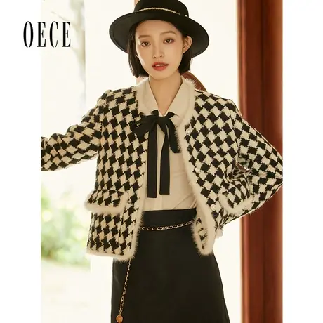 Oece复古棋盘格外套秋冬季新款女装格纹短款气质大衣小个子商品大图