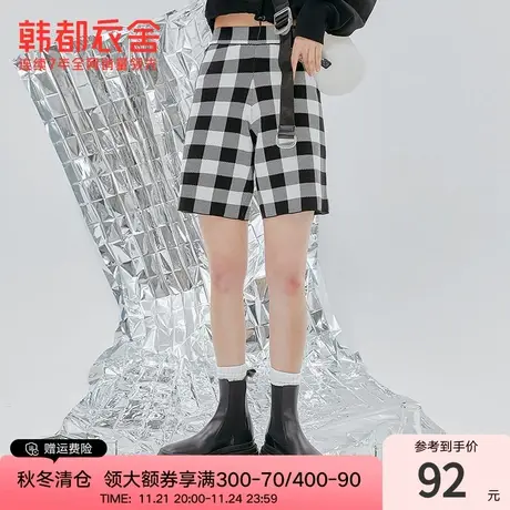 韩都衣舍休闲裤春装高腰格子裤通勤气质短裤女UF0084商品大图