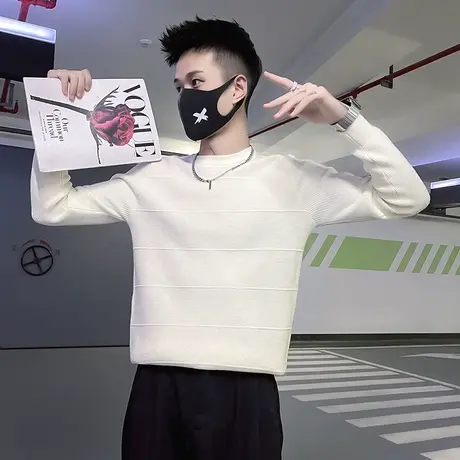 简约高级感套头毛衣男秋冬2023新款个性条纹ins潮修身打底针织衫商品大图