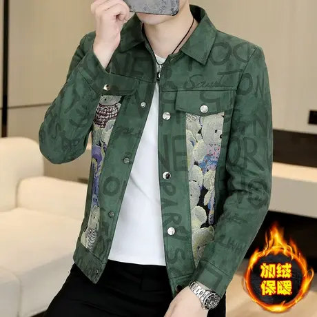 潮牌秋冬季麂皮绒夹克男士帅气新款小熊拼色社会小伙加绒加厚外套商品大图