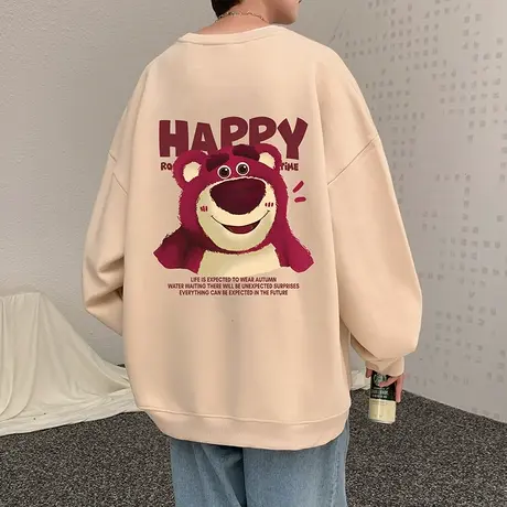 加绒卫衣男春秋季2024新款慵懒风宽松圆领套头打底衫国潮无帽外套商品大图