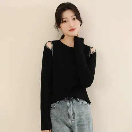 韩潮袭人设计感圆领镂空毛衣女2023冬装新款修身显瘦气质打底衫女图片