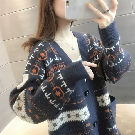 v领针织开衫2023春秋新款宽松慵懒风外穿上衣加厚复古毛衣外套潮图片